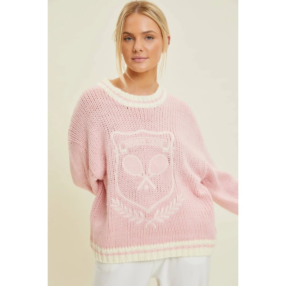 Baevely by Wellmade Sweater S Pink Tennis Embroidered Chunky Knit Preppy NWT